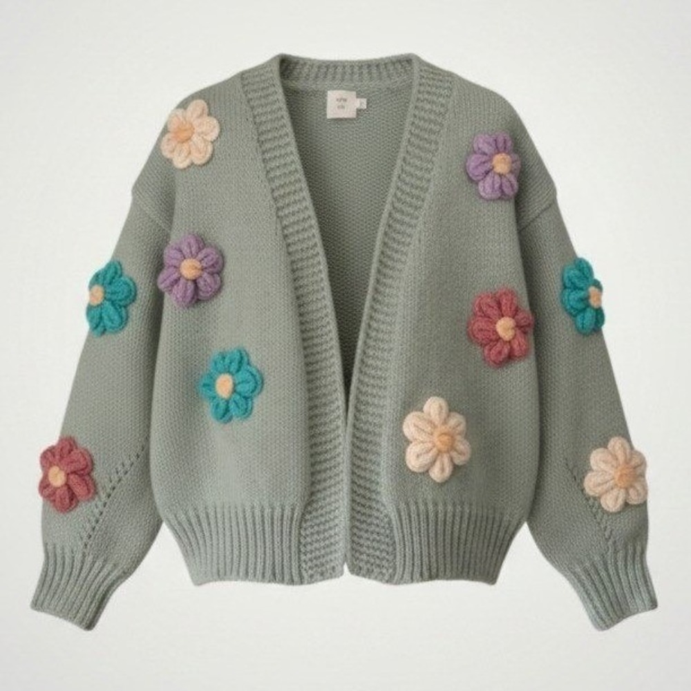 Luna Ivy Anthropologie Floral Applique Cardigan XS Sage Green Chunky Oversized